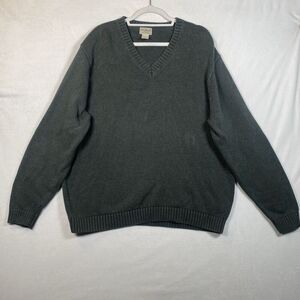 LL Bean Men XL Green V Neck 100% Cotton Knit Sweater Casual Pullover